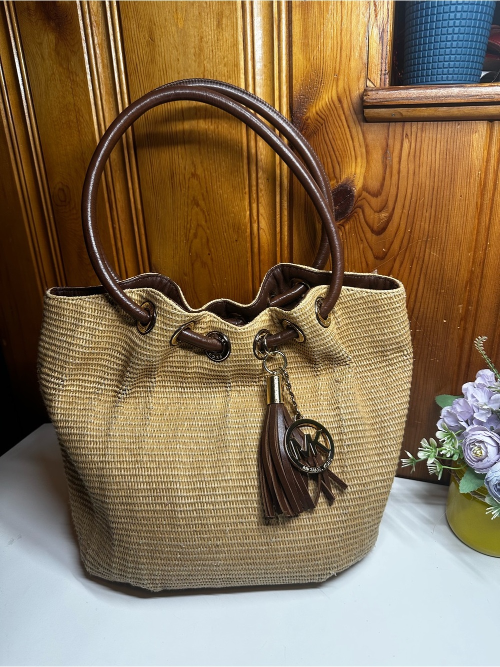 Michael Kors Tan Woven Raffia Bucket Bag with Brown Leather Trim